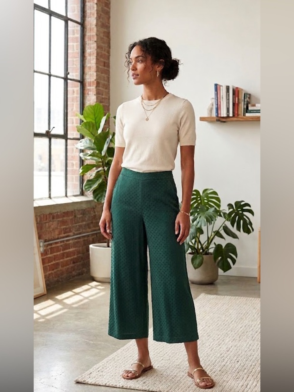 Anthropologie Dolan Cropped Polka Dot Wide Leg Pants Culottes Small Dark Green